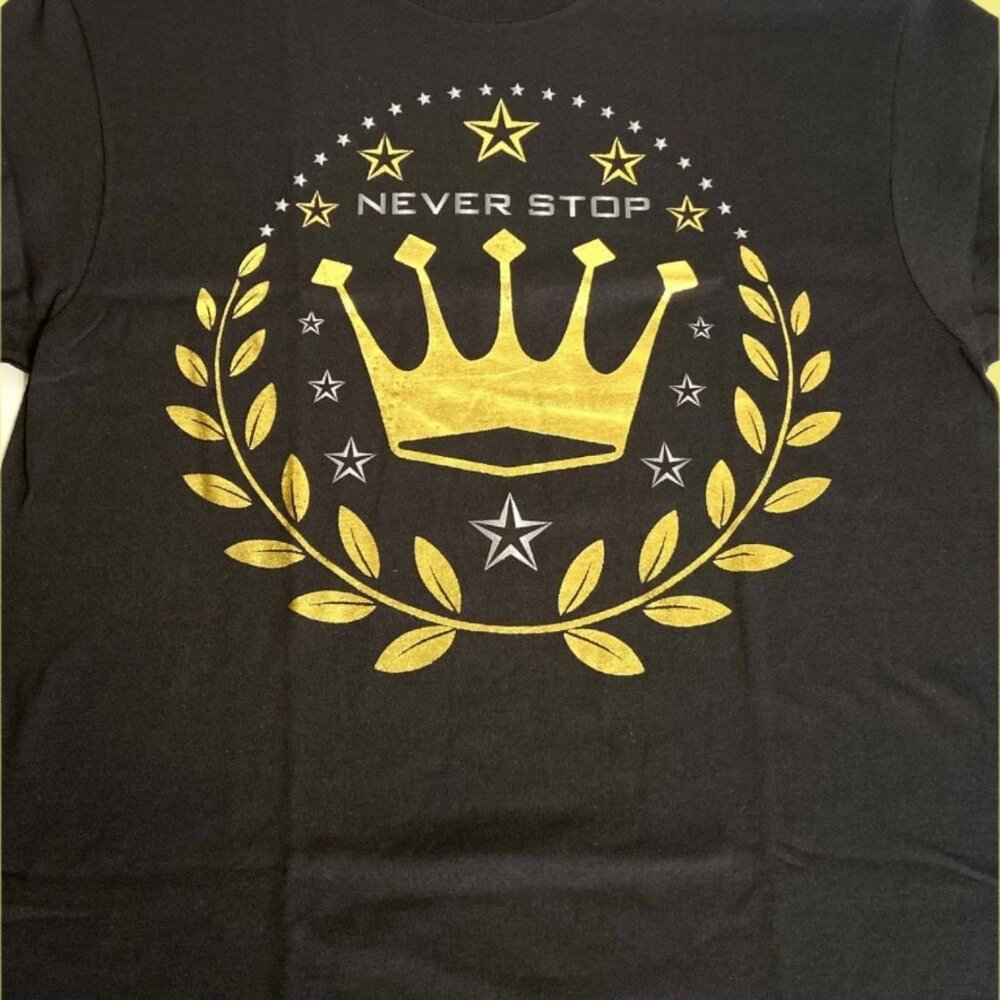 "Never Stop" Inspirational Crown NOS Black Cotton T-Shirt